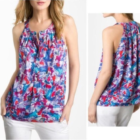 Theory Watercolor Floral Silk Top, Size P (Small) - Picture 1 of 4